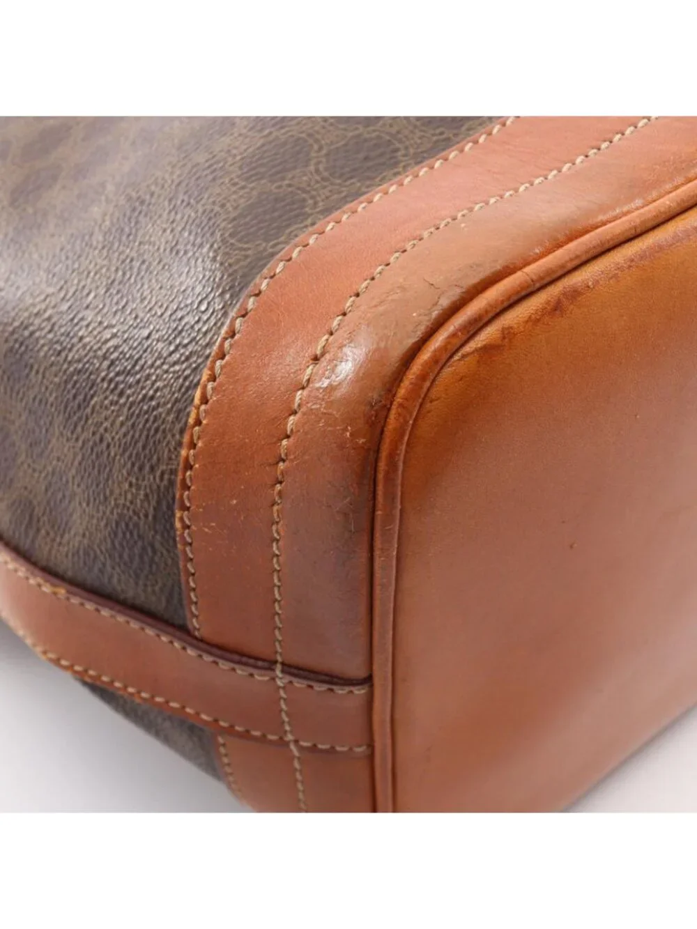 Celine Shoulder Bag Macadam Drawstring Beige Brown Canvas Leather